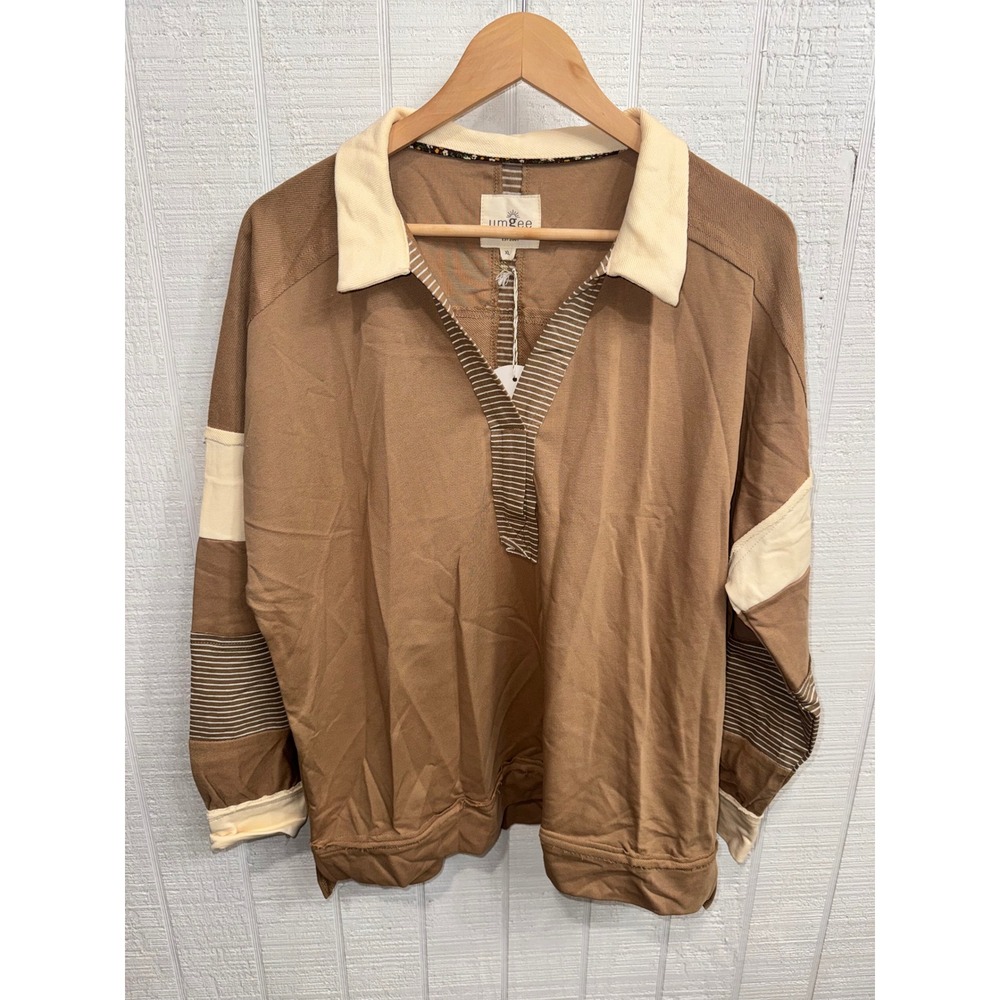 Umgee Pullover Top Womens XL Brown Cream Striped Mixed Media Collared WK8932 NEW